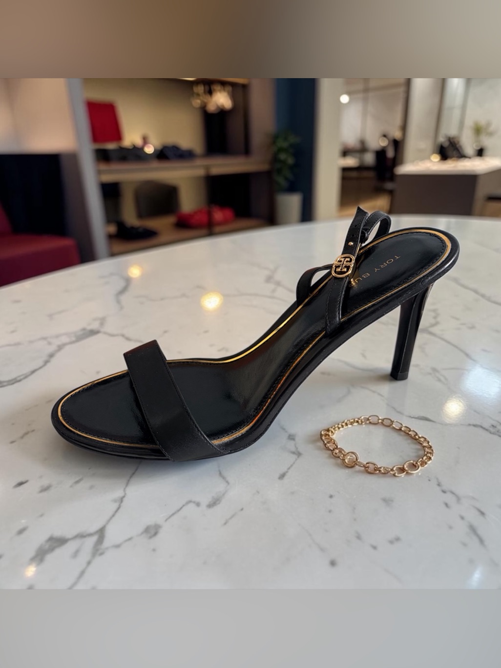 Tory Burch Black Leather Gold-Trim Stiletto Slingback Sandal